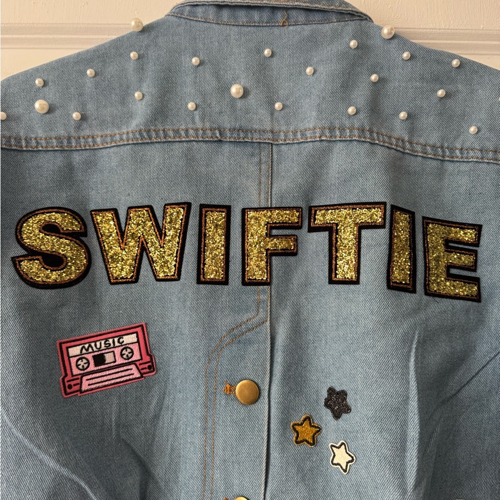 Denim Jacket with Gold Glitter 'SWIFTIE' and Patches